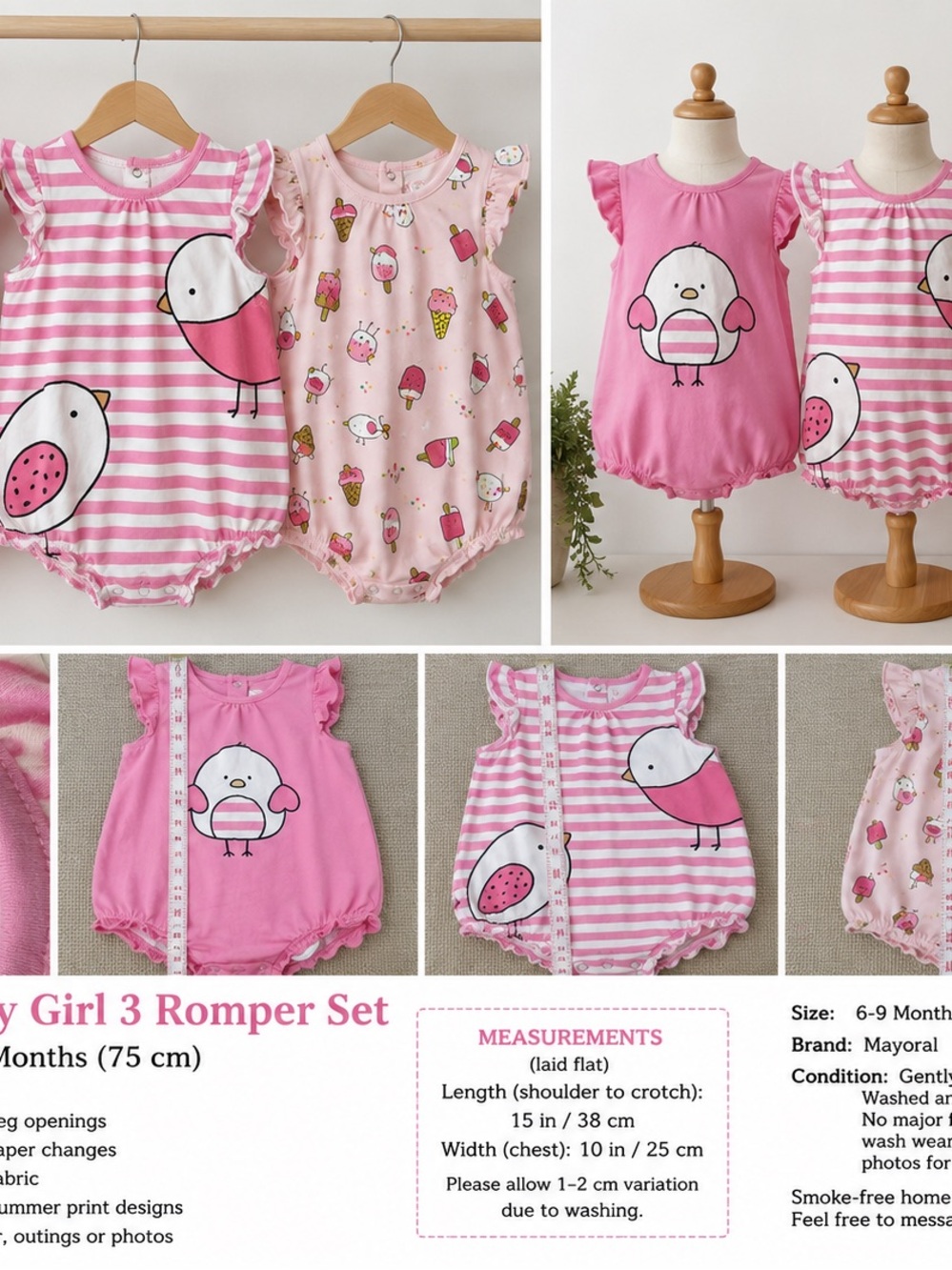 Mayoral Baby Girl 3 Romper Set 6-9 Months 75cm Pink Bird Flutter Sleeve Cotton